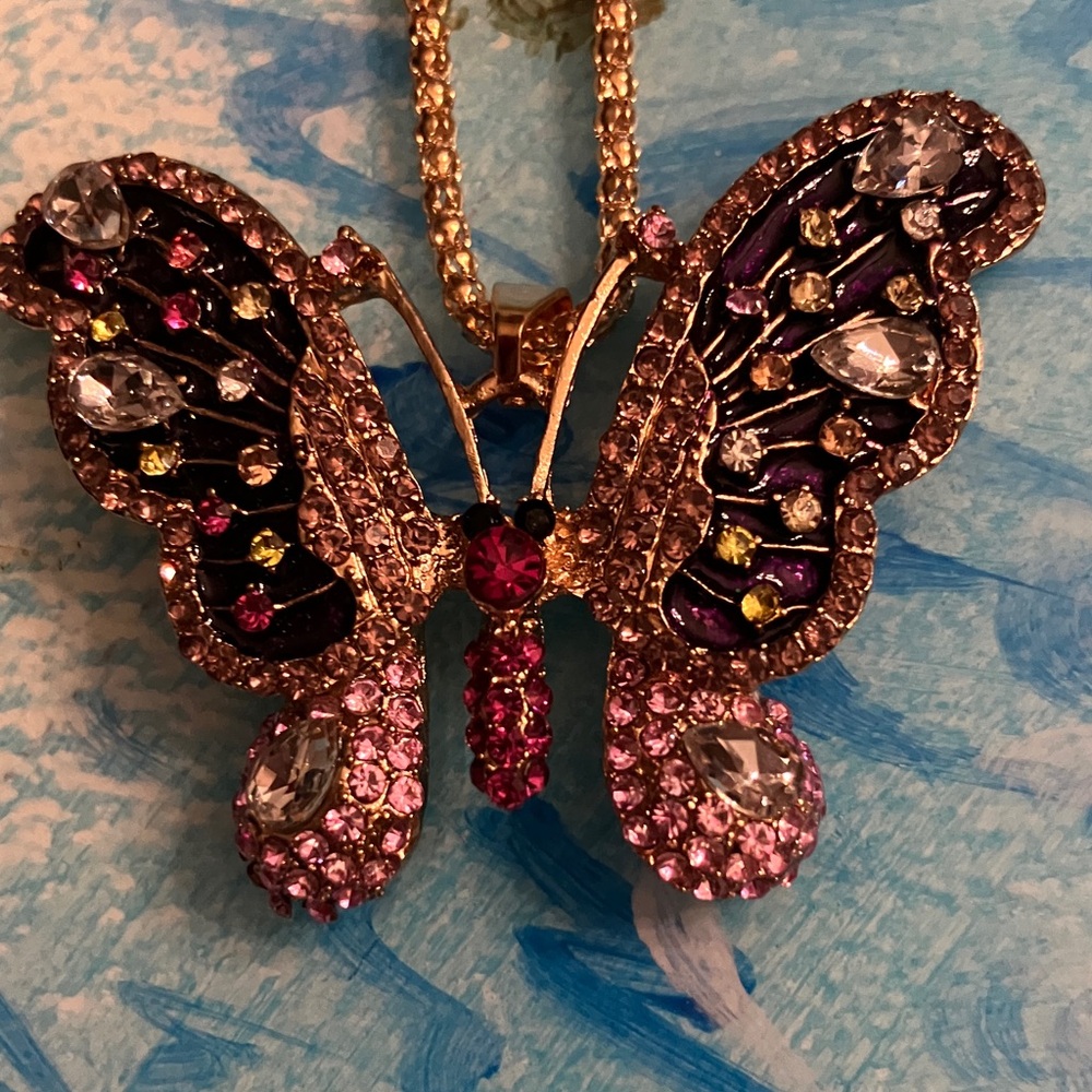 Betsey Johnson Pink and Black Butterfly Necklace